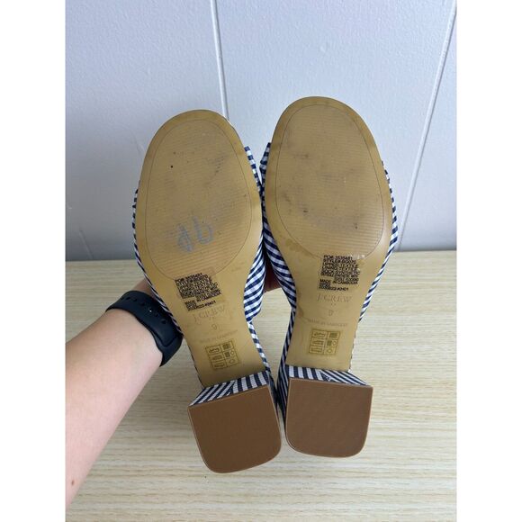 J. Crew Shoes Size 9 Navy Blue White Gingham Plaid Knotted Chunky‎ Heel Sandals - Picture 5 of 5
